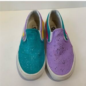 Vans teal and purple splatter paint color block slip on sneakers, 7